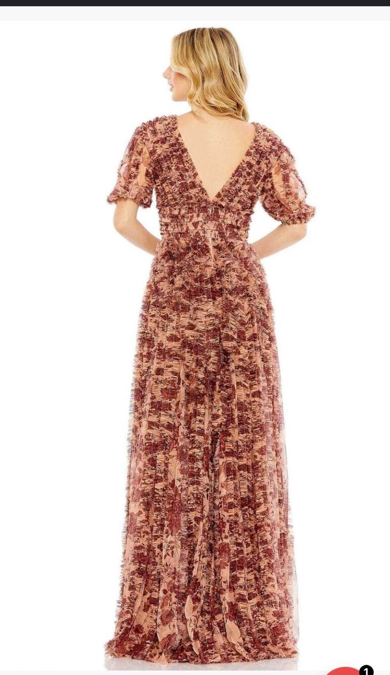 Mac Duggal Rosewood Floral-Textured V-Back Maxi Dress